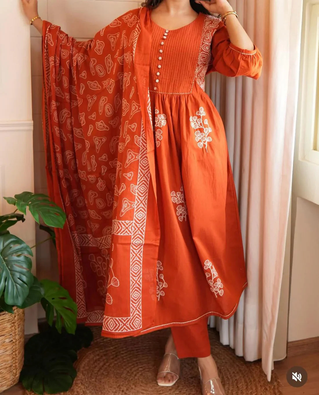 Orange Embroidered Kurta Set with Dupatta For Woman