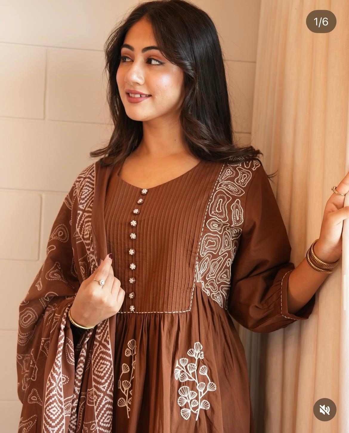 Brown Embroidered Kurta Set with Dupatta For Woman