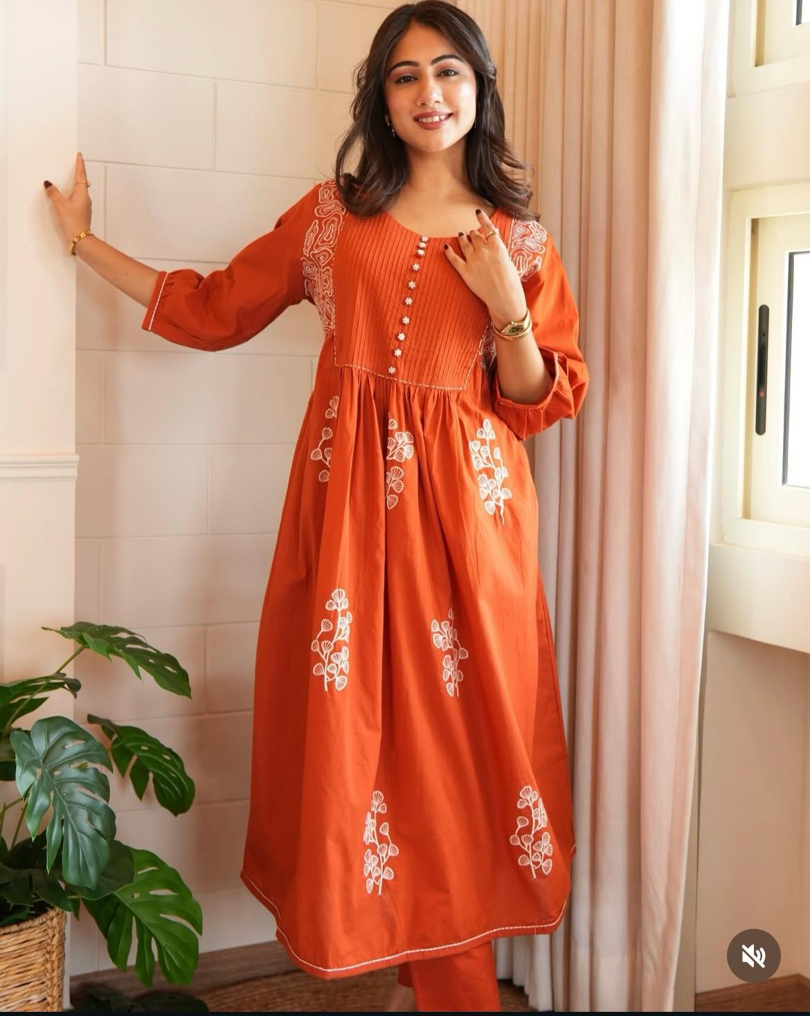 Orange Embroidered Kurta Set with Dupatta For Woman
