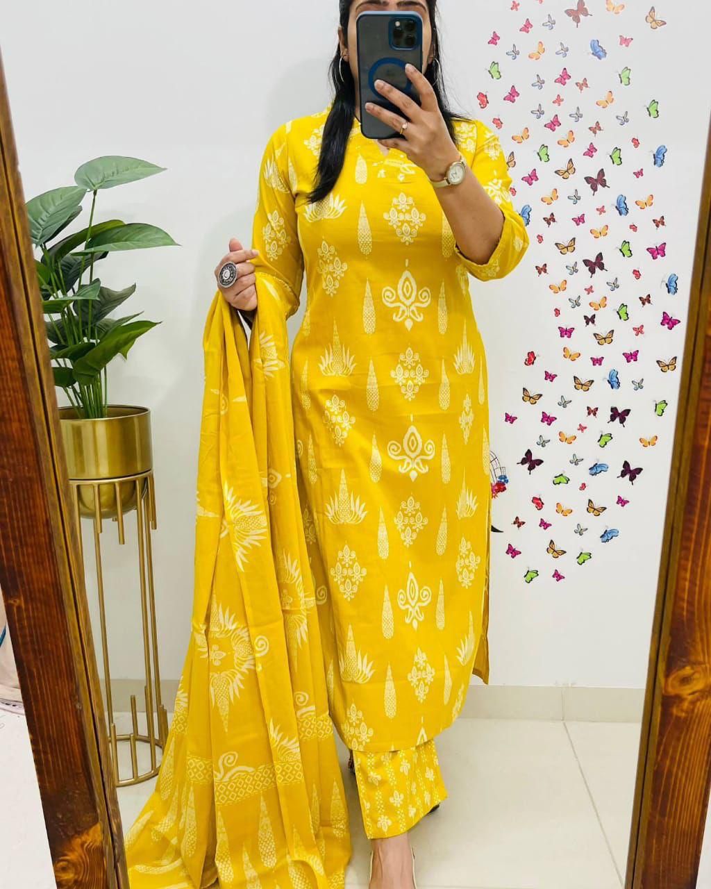 Bright Yellow Cotton Suit Set with White Handblock Print For Women