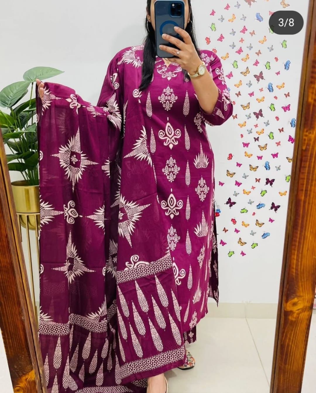 Elegant Maroon Cotton Suit Set with White Handblock Print