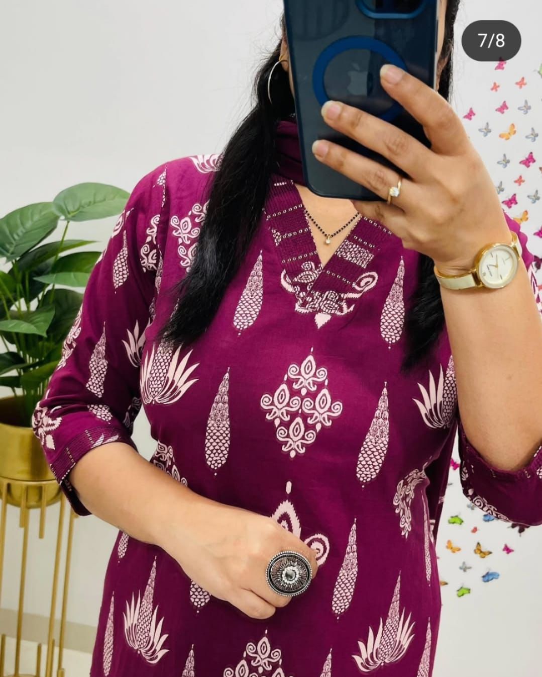 Elegant Maroon Cotton Suit Set with White Handblock Print