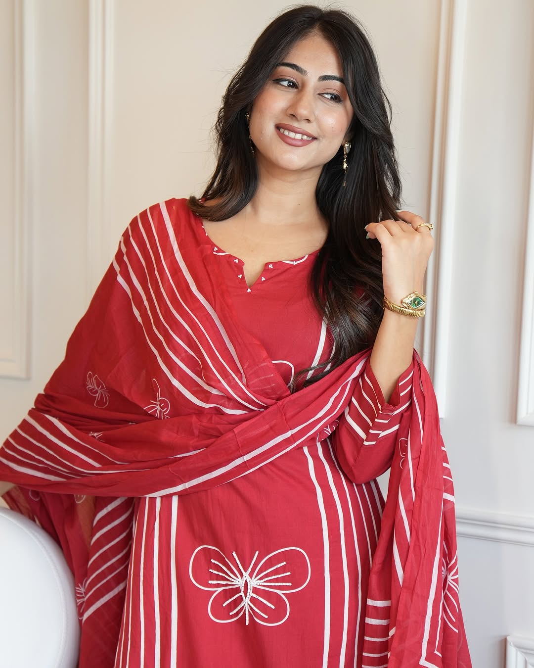 Red Cotton Suit Set with White Butterfly Embroidery