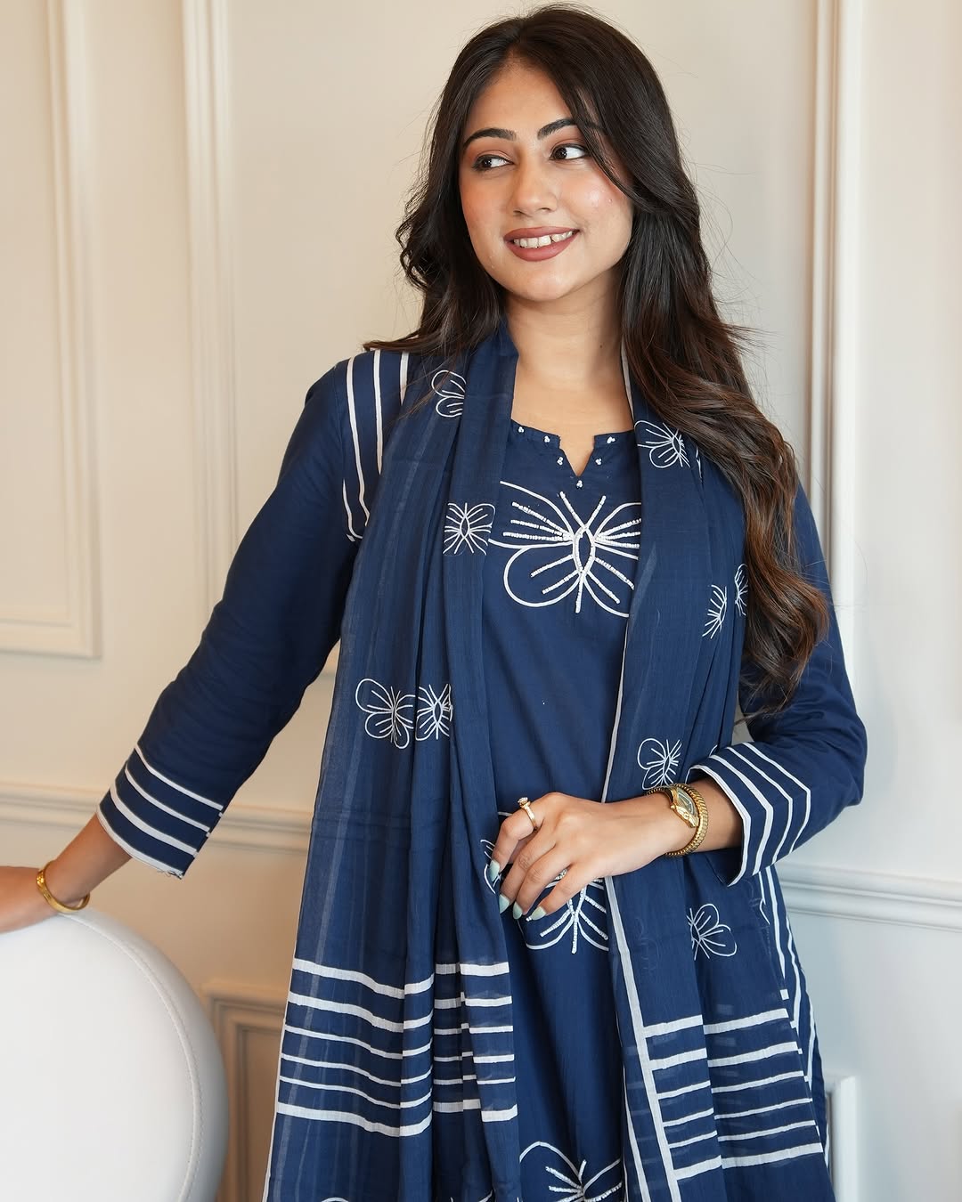 Blue Cotton Suit Set with White Butterfly Embroidery