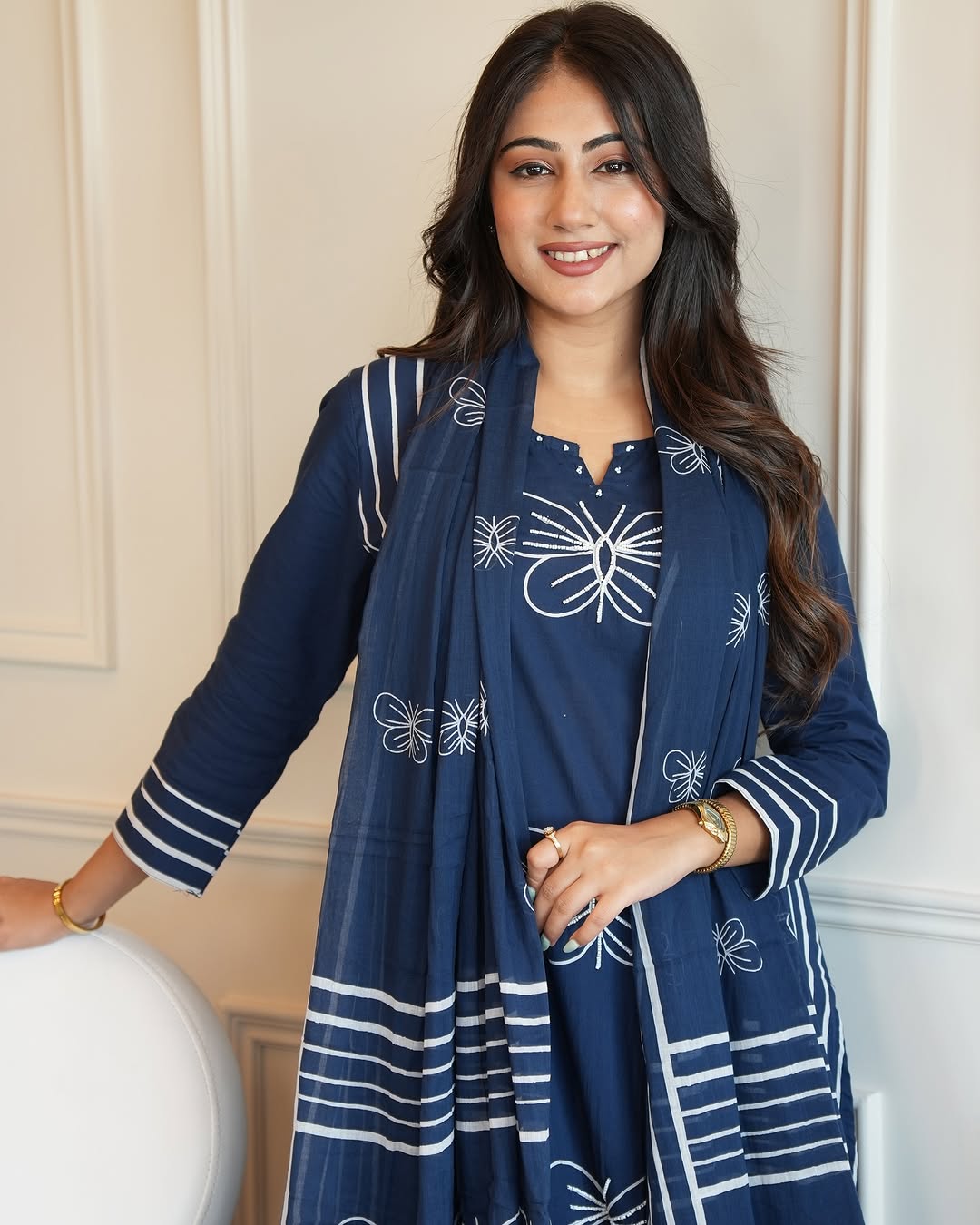 Blue Cotton Suit Set with White Butterfly Embroidery