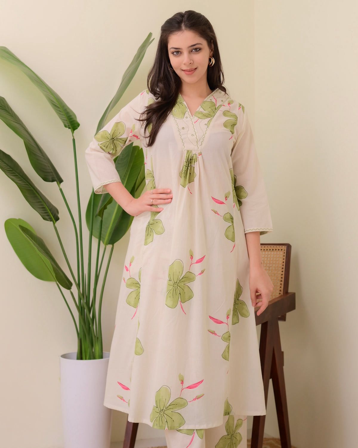 Floral Printed White Cotton Co-ord Set For Women