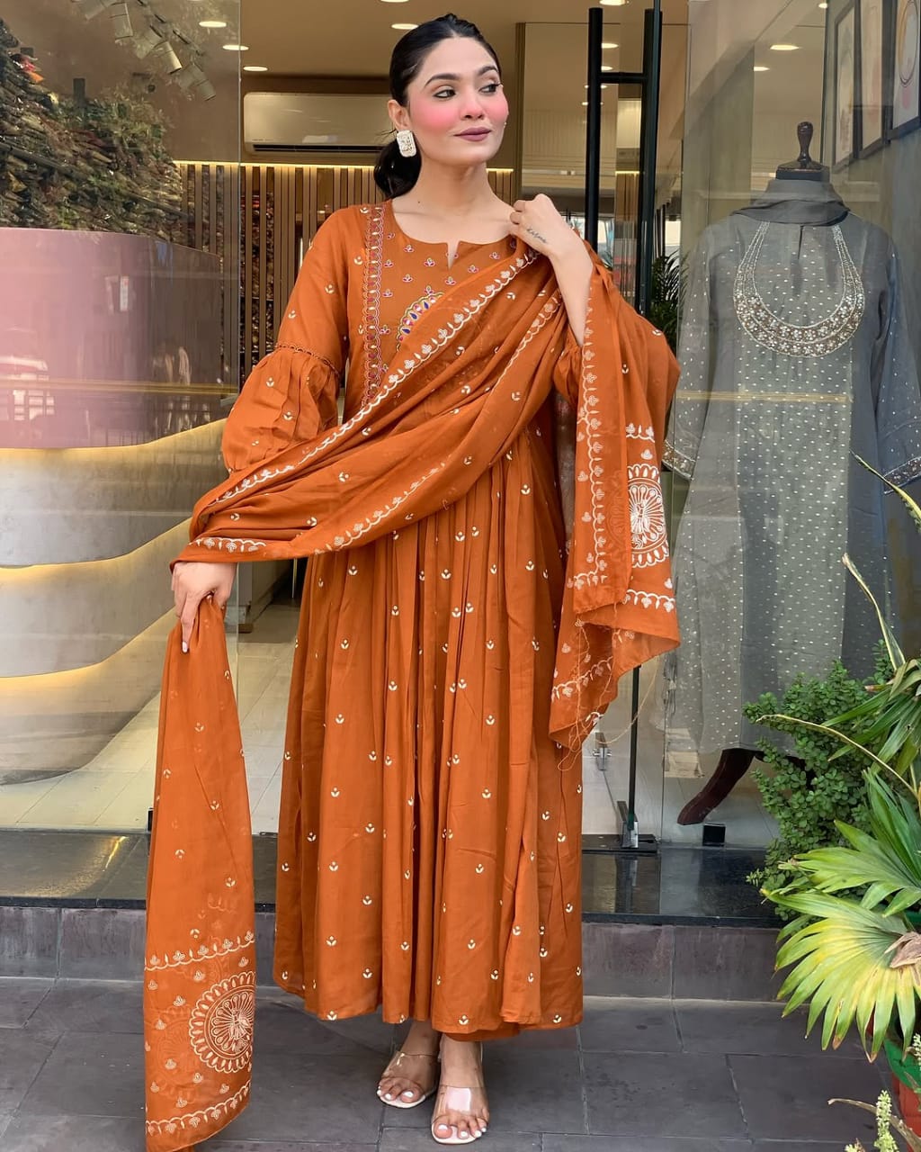 Rust Brown Floor-Length Anarkali Suit with Embroidery and Dupatta