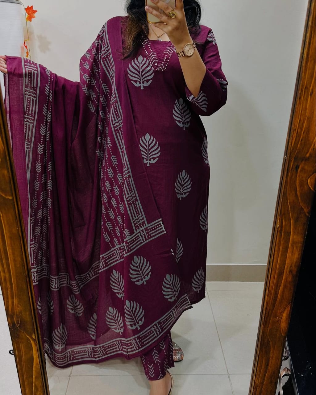 Rich Maroon Cotton Kurta Set with Ethnic Block Print and Dupatta