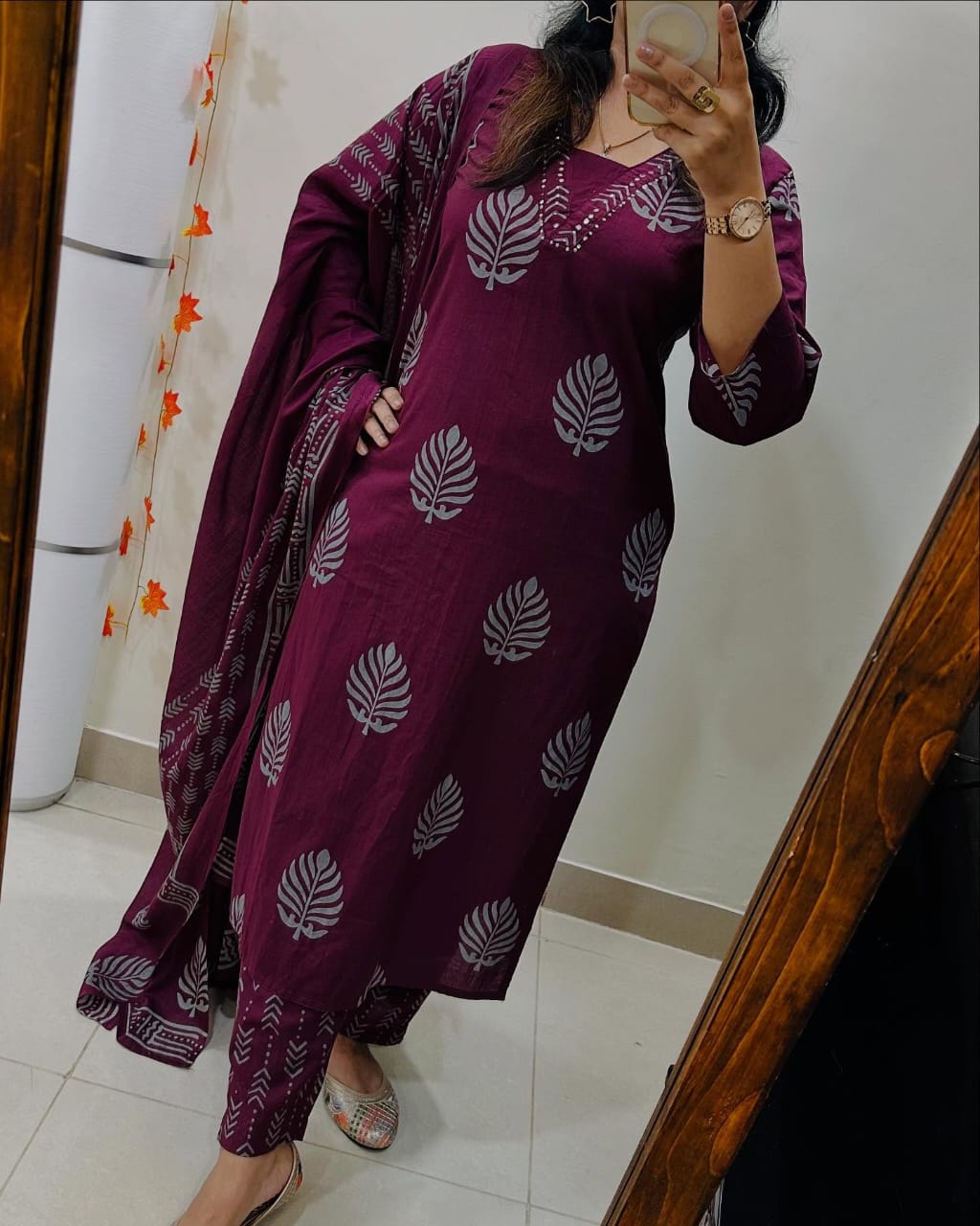 Rich Maroon Cotton Kurta Set with Ethnic Block Print and Dupatta