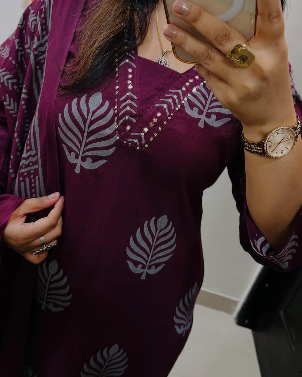 Rich Maroon Cotton Kurta Set with Ethnic Block Print and Dupatta