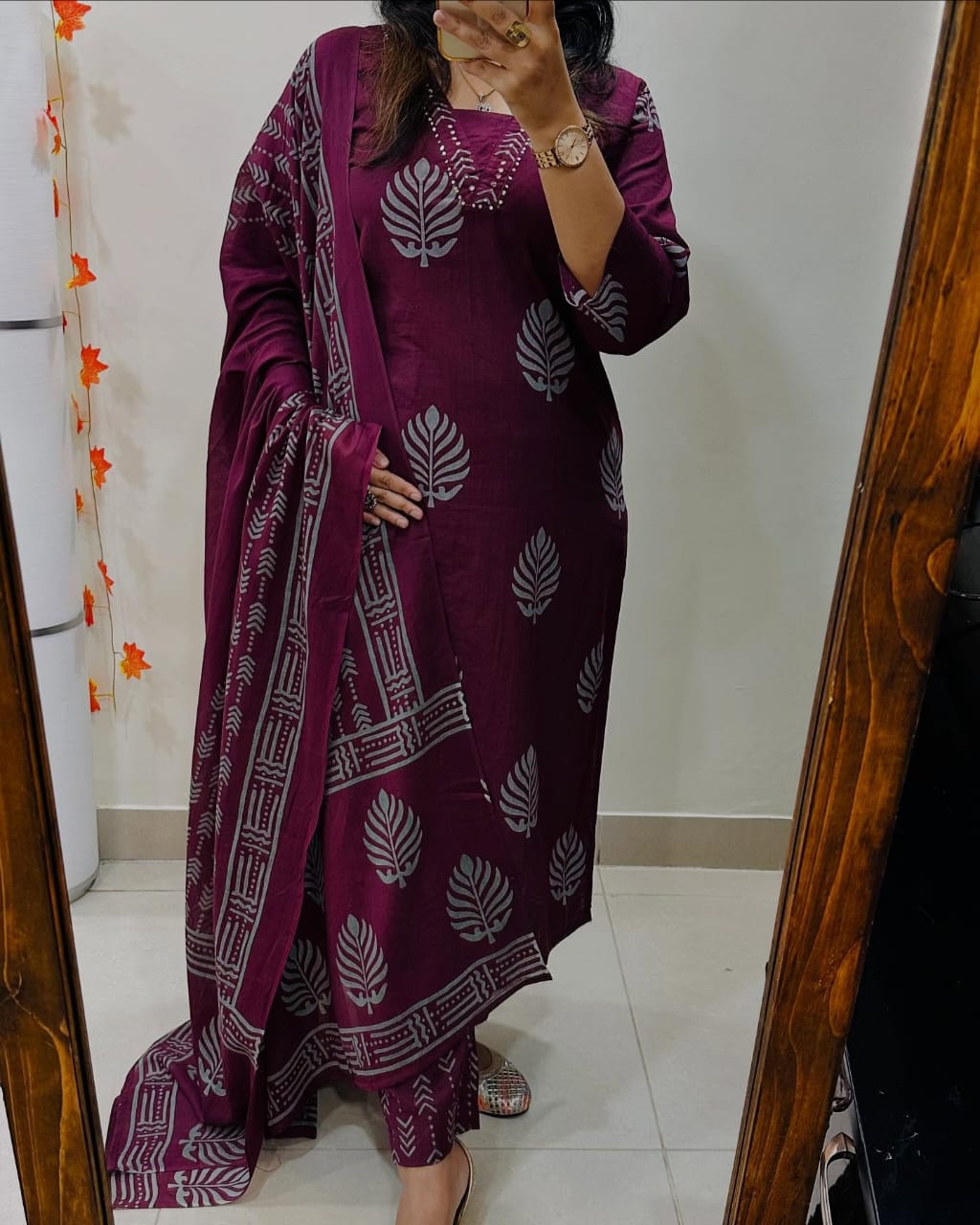Rich Maroon Cotton Kurta Set with Ethnic Block Print and Dupatta