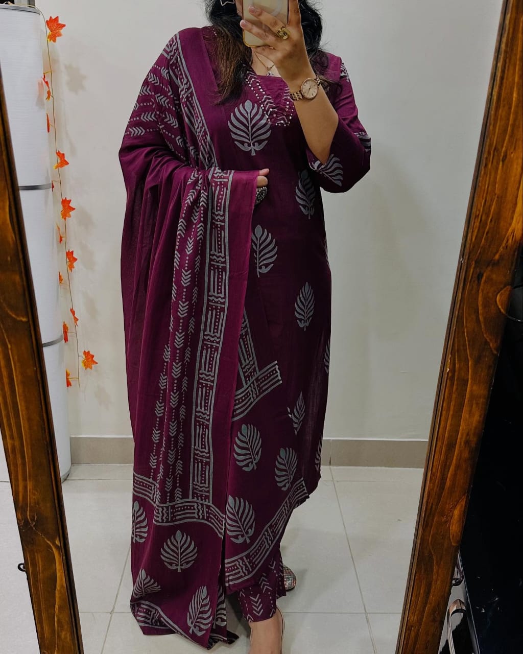Rich Maroon Cotton Kurta Set with Ethnic Block Print and Dupatta