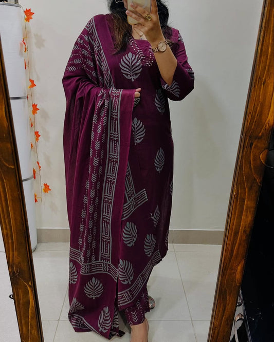 Rich Maroon Cotton Kurta Set with Ethnic Block Print and Dupatta