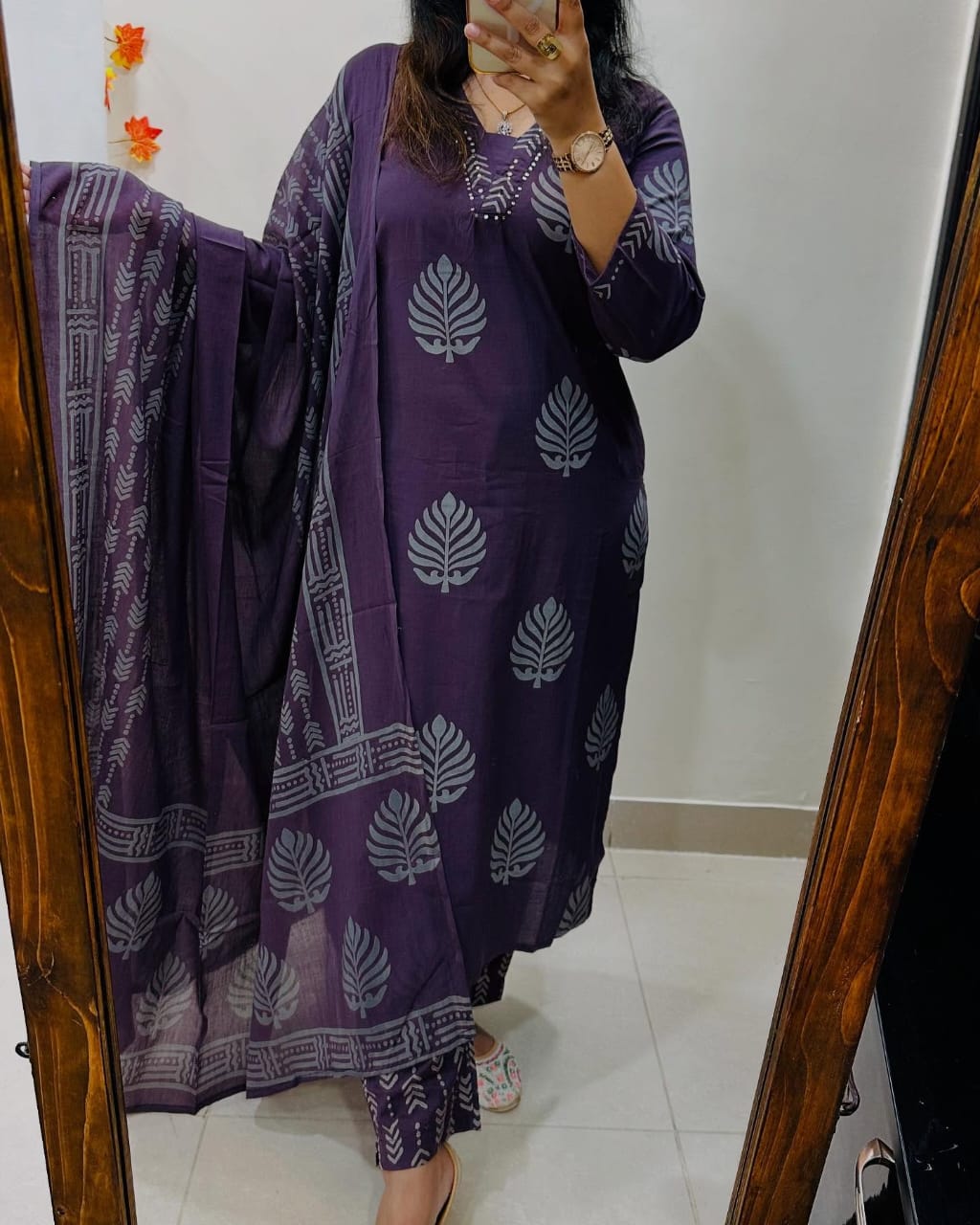 Deep Plum Cotton Kurta Set with Leaf Motif and Dupatta