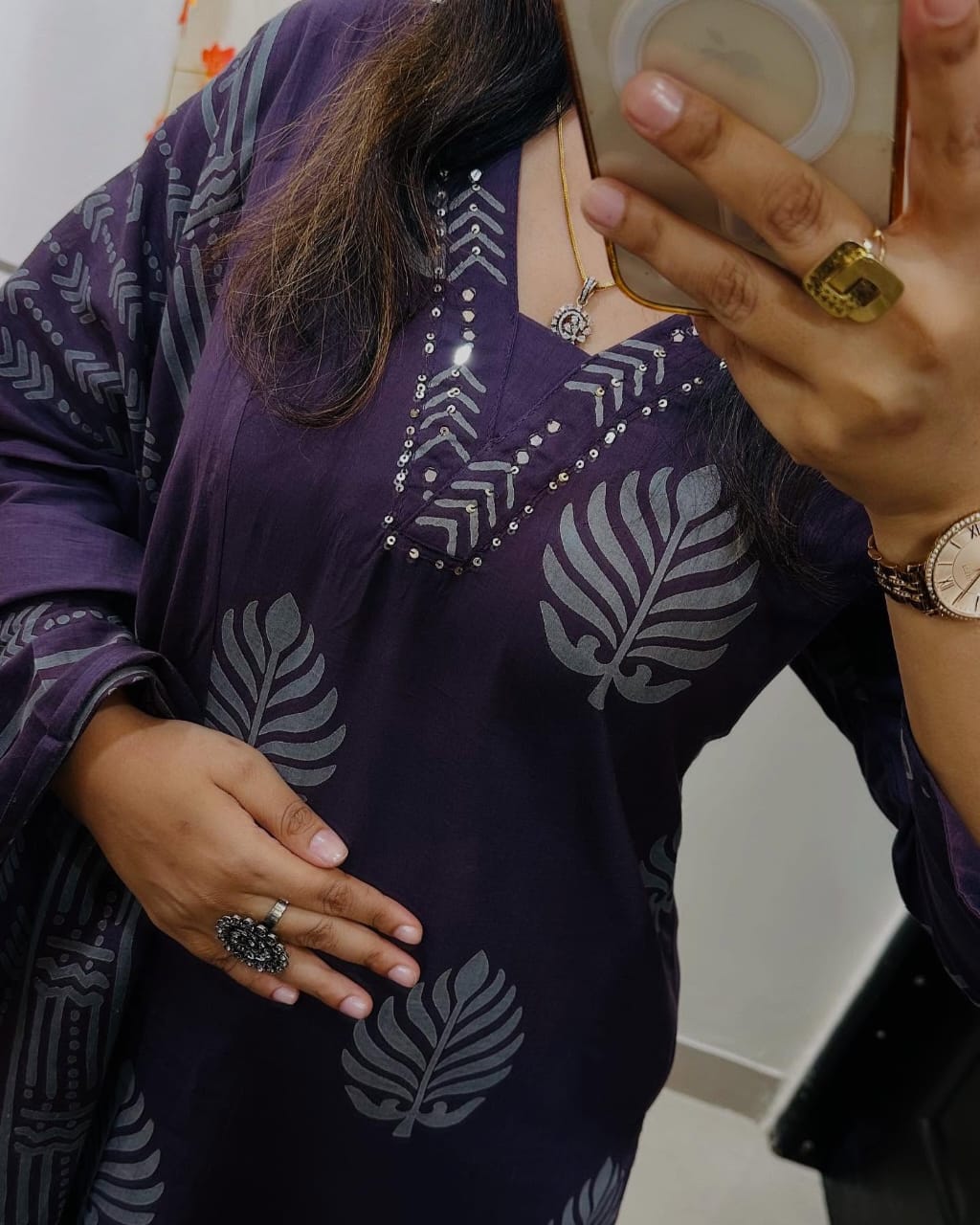 Deep Plum Cotton Kurta Set with Leaf Motif and Dupatta