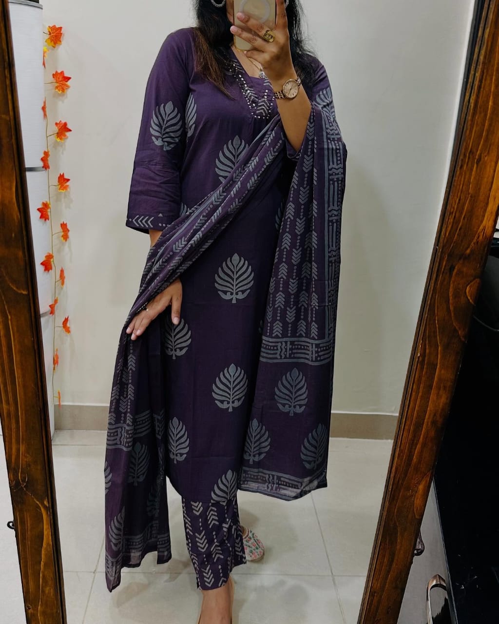 Deep Plum Cotton Kurta Set with Leaf Motif and Dupatta