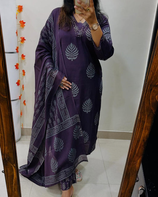 Deep Plum Cotton Kurta Set with Leaf Motif and Dupatta