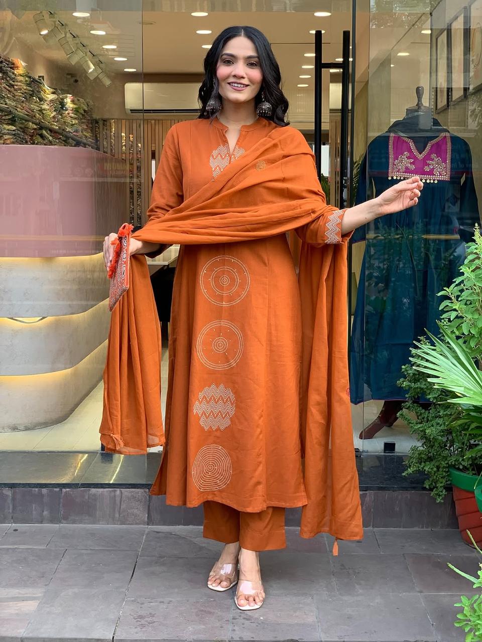 Rust Orange Hand-Embroidered Cotton Kurta Set with Dupatta
