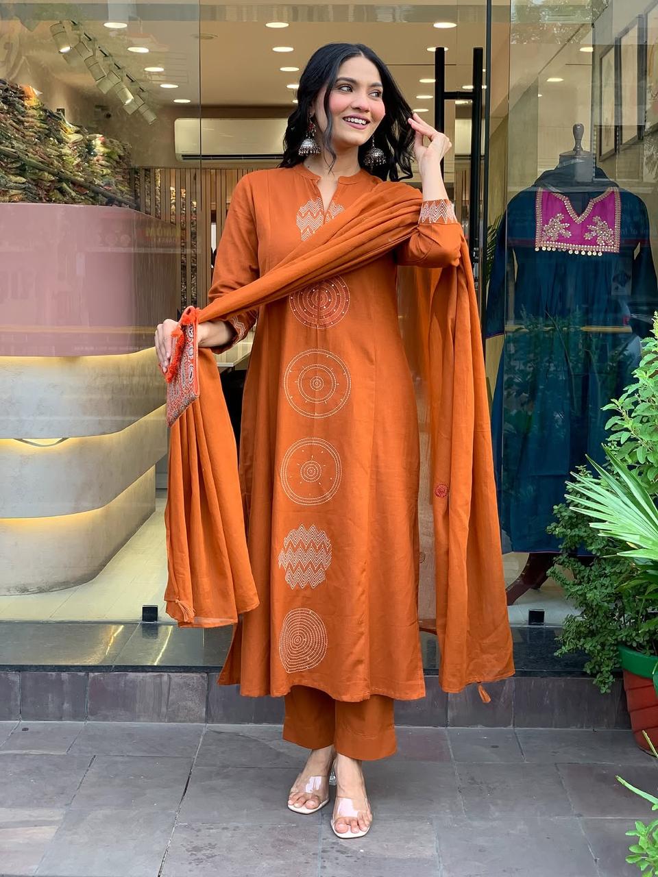 Rust Orange Hand-Embroidered Cotton Kurta Set with Dupatta