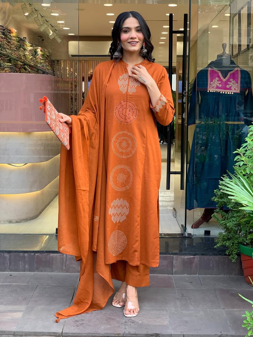 Rust Orange Hand-Embroidered Cotton Kurta Set with Dupatta
