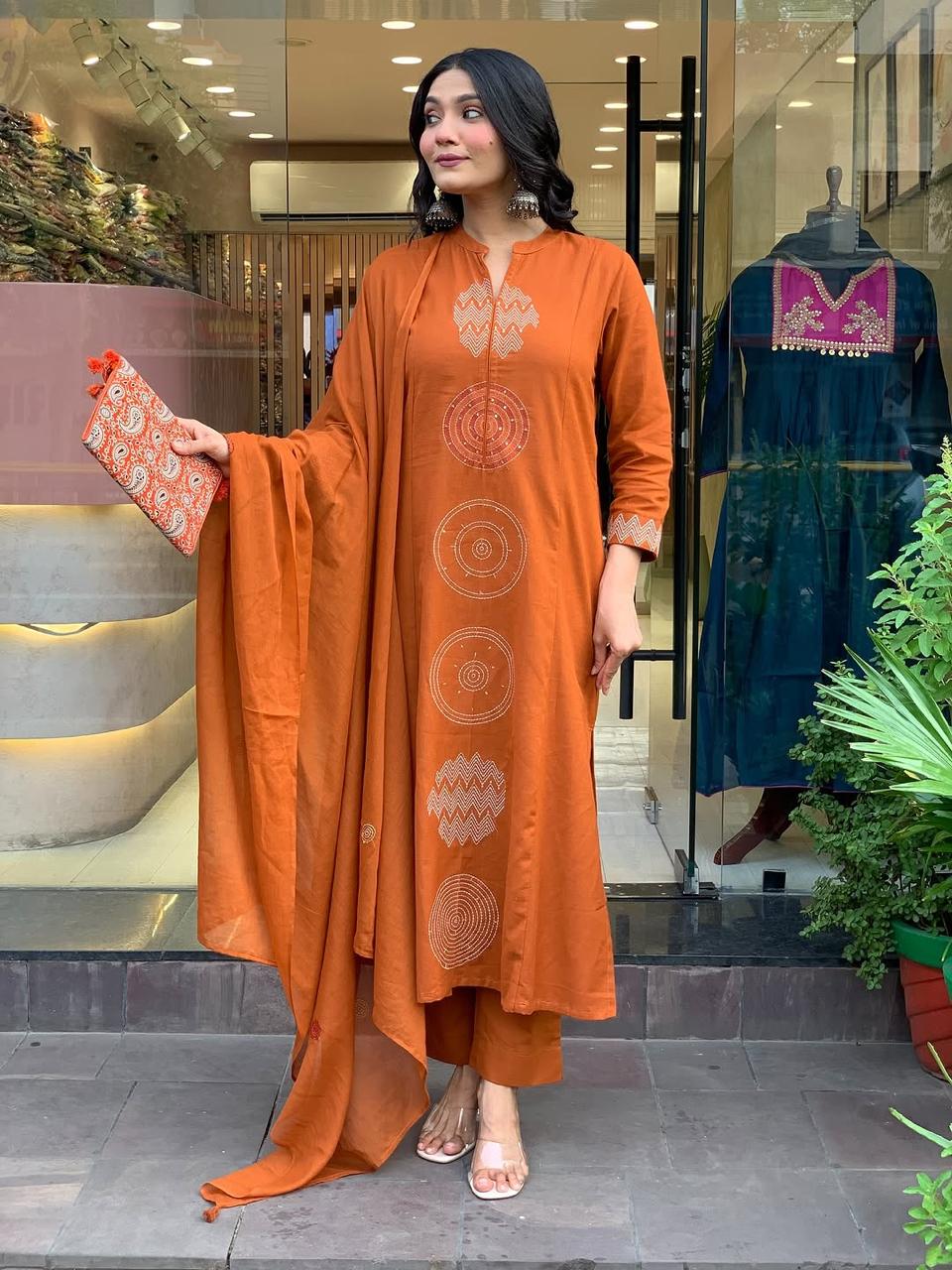 Rust Orange Hand-Embroidered Cotton Kurta Set with Dupatta