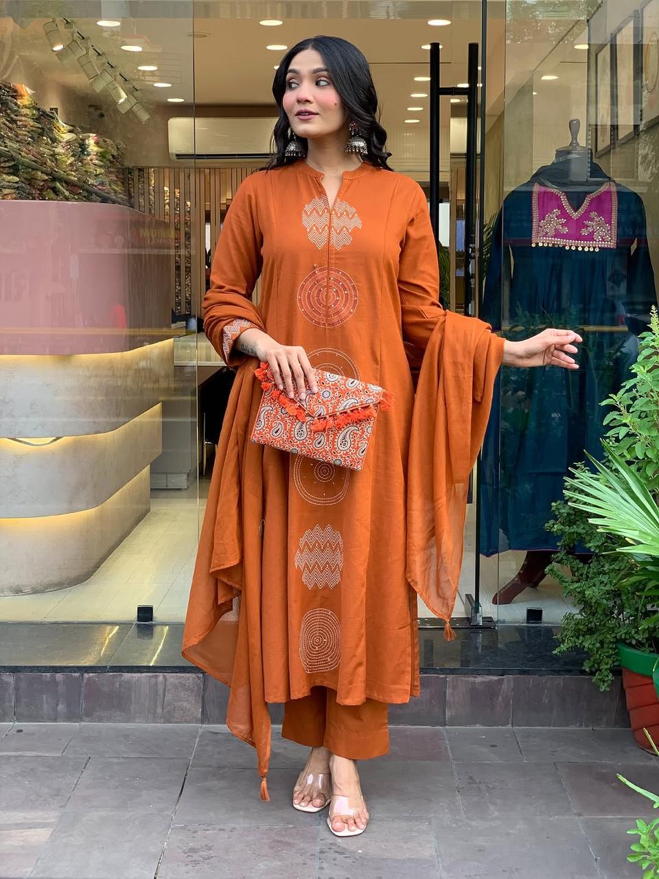 Rust Orange Hand-Embroidered Cotton Kurta Set with Dupatta