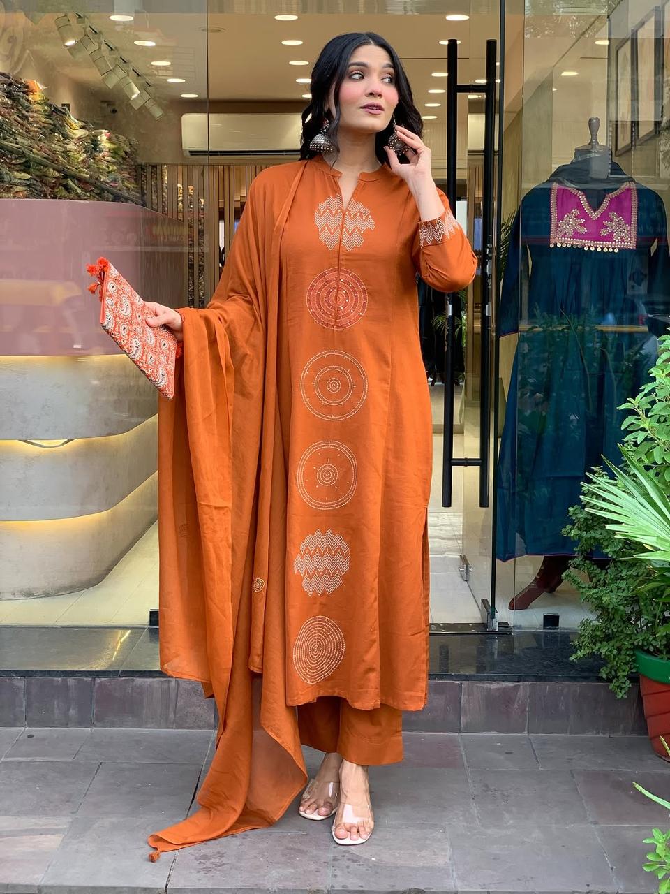 Rust Orange Hand-Embroidered Cotton Kurta Set with Dupatta
