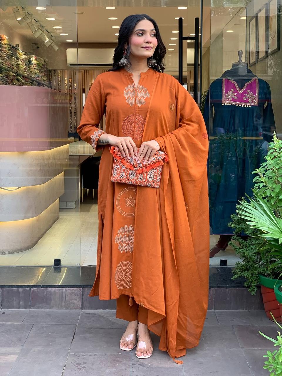 Rust Orange Hand-Embroidered Cotton Kurta Set with Dupatta