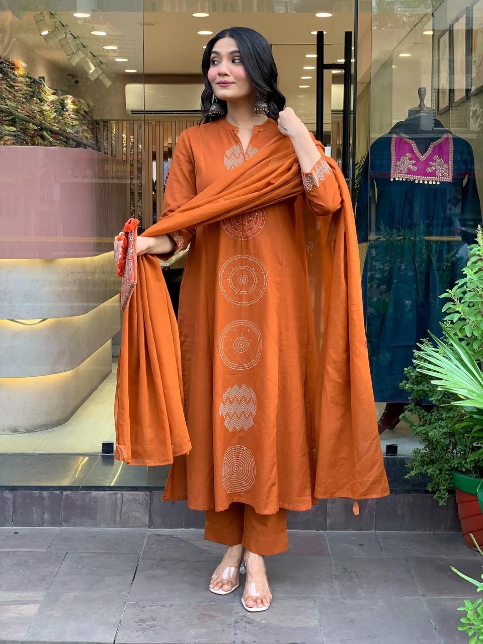 Rust Orange Hand-Embroidered Cotton Kurta Set with Dupatta