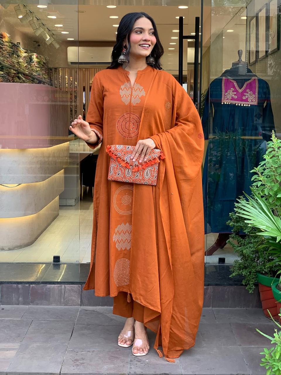 Rust Orange Hand-Embroidered Cotton Kurta Set with Dupatta