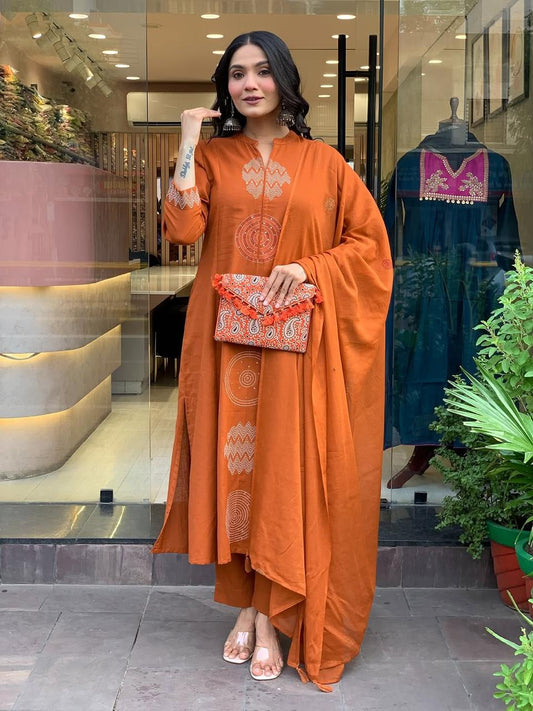 Rust Orange Hand-Embroidered Cotton Kurta Set with Dupatta