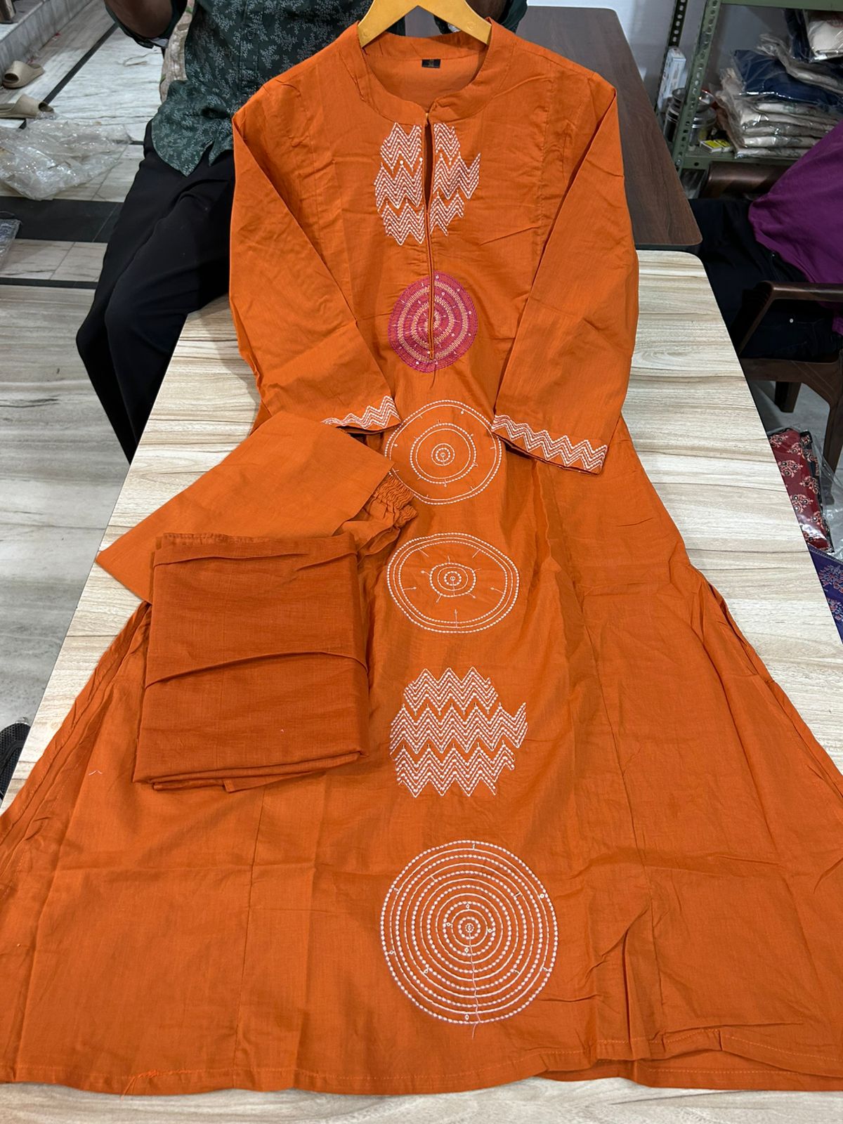 Rust Orange Hand-Embroidered Cotton Kurta Set with Dupatta