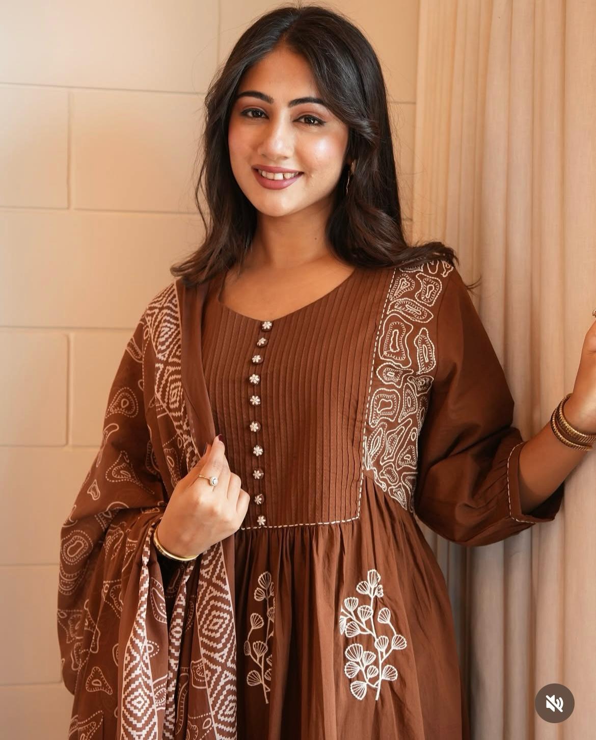 Brown Embroidered  Kurta Set with Dupatta For Woman