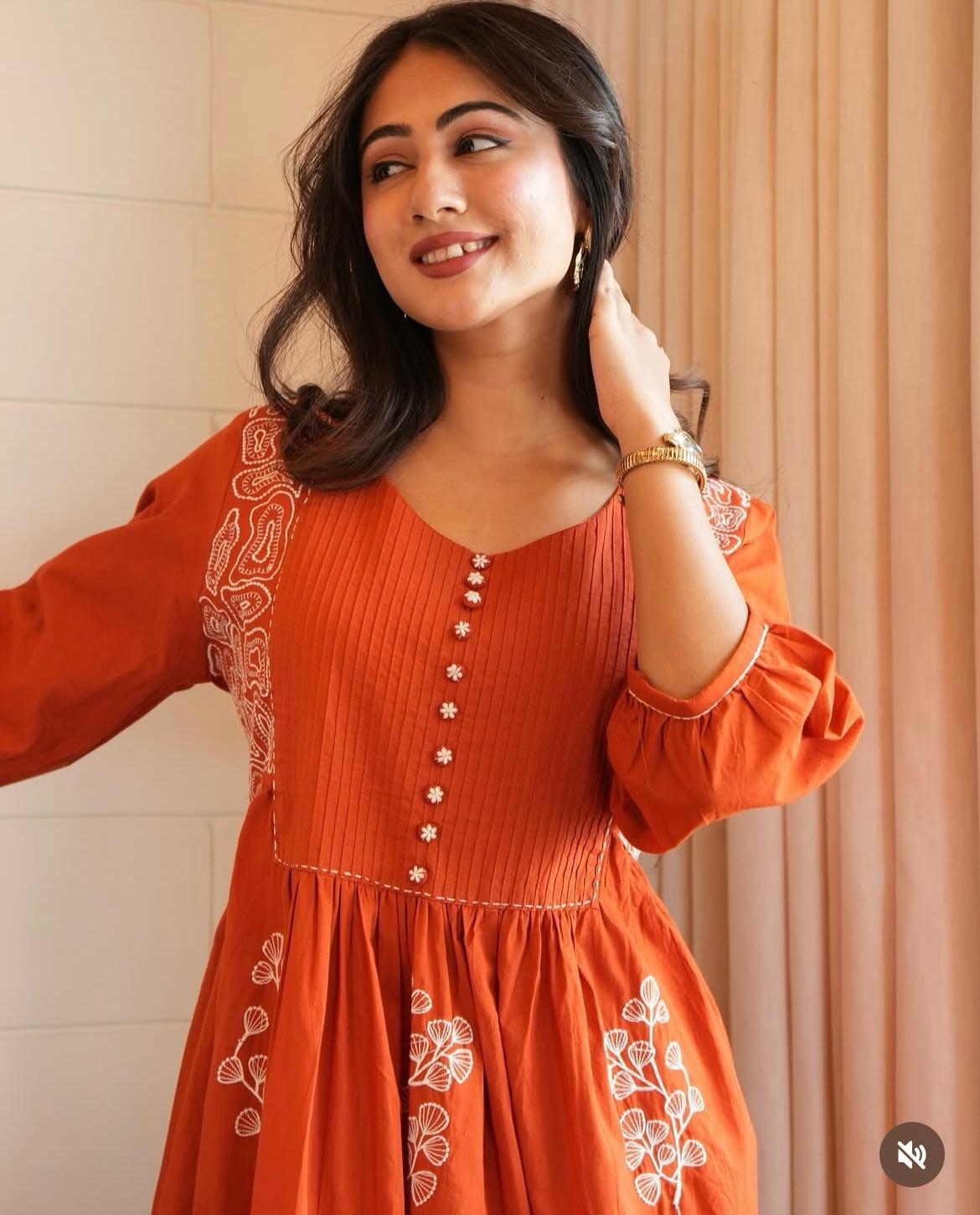 Orange Embroidered  Kurta Set with Dupatta For Woman