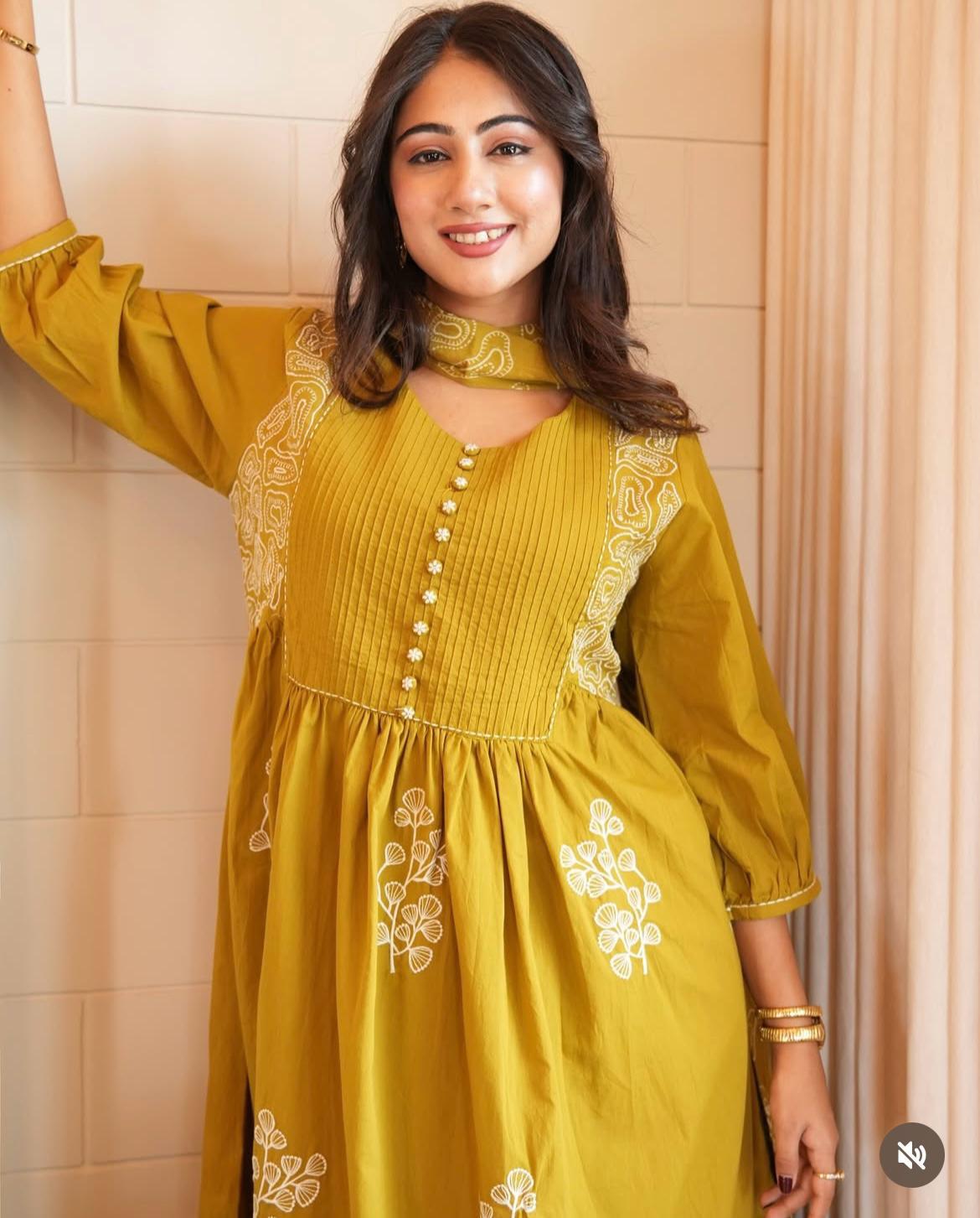 Mustard Yellow Embroidered  Kurta Set with Dupatta For Woman