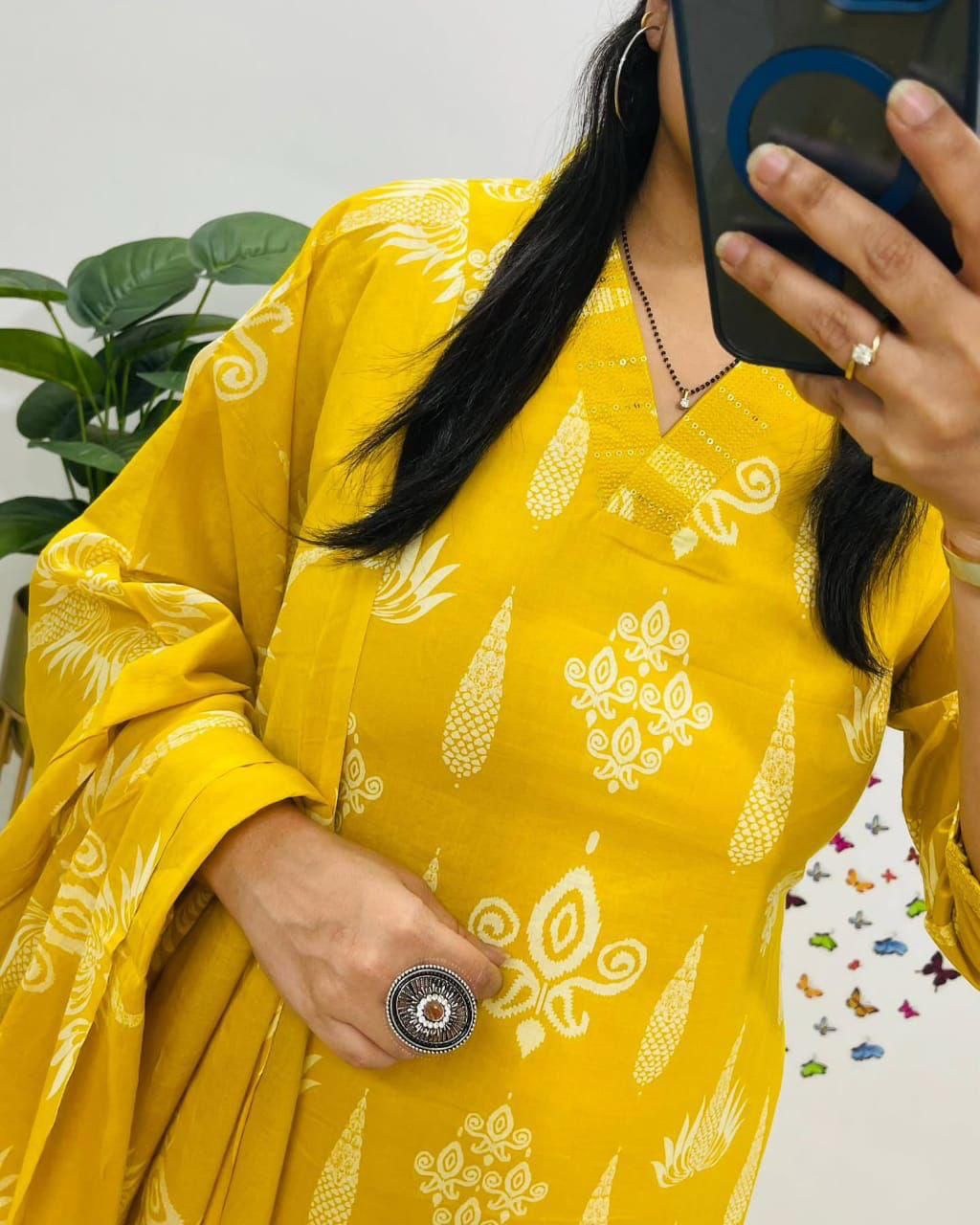 Bright Yellow Cotton Suit Set with White Handblock Print For Women