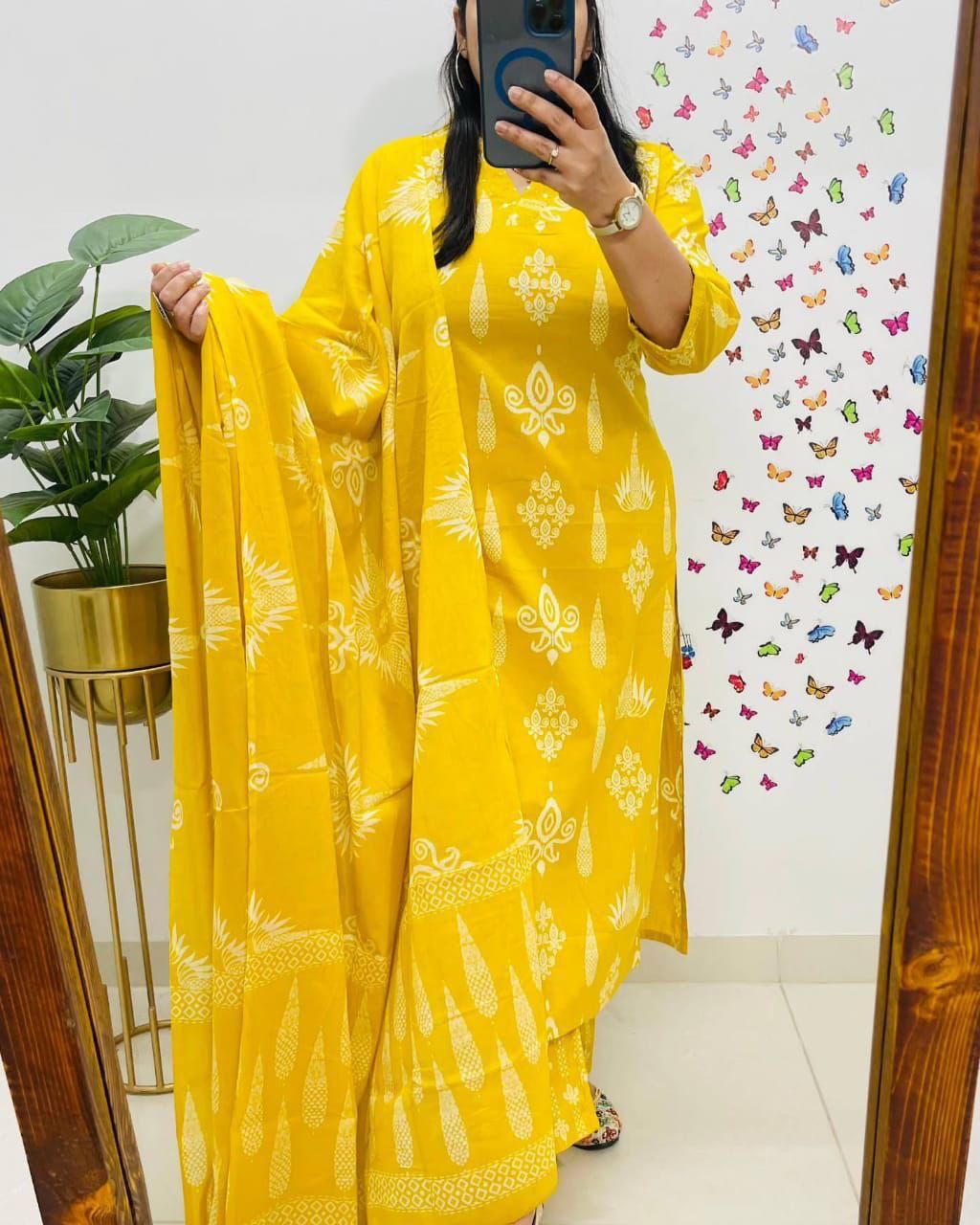 Bright Yellow Cotton Suit Set with White Handblock Print For Women