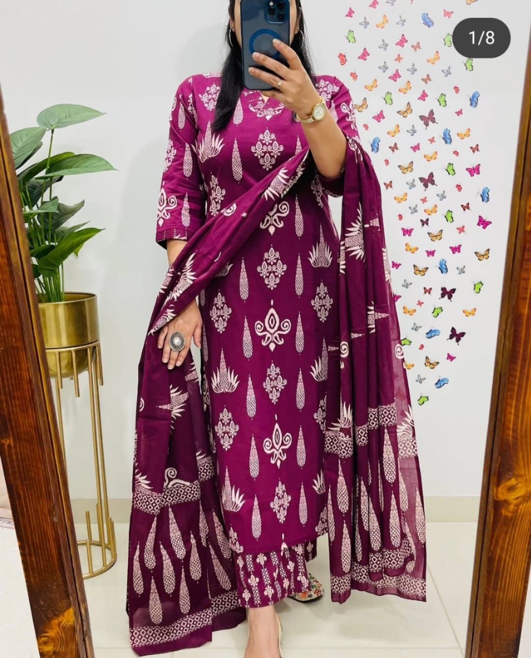 Elegant Maroon Cotton Suit Set with White Handblock Print
