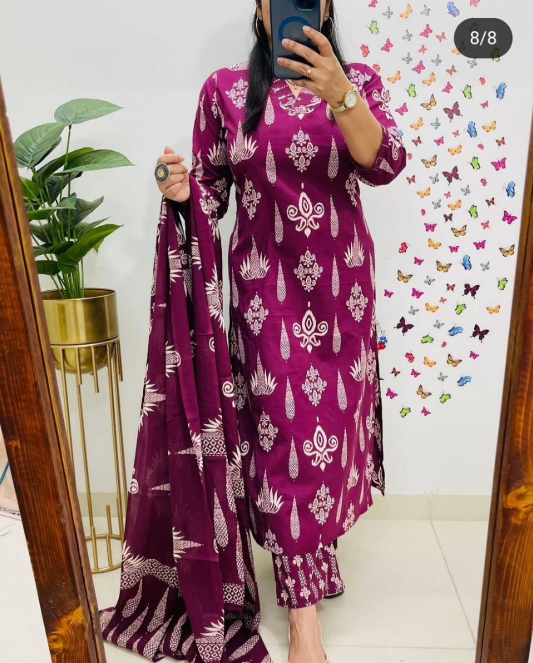 Elegant Maroon Cotton Suit Set with White Handblock Print