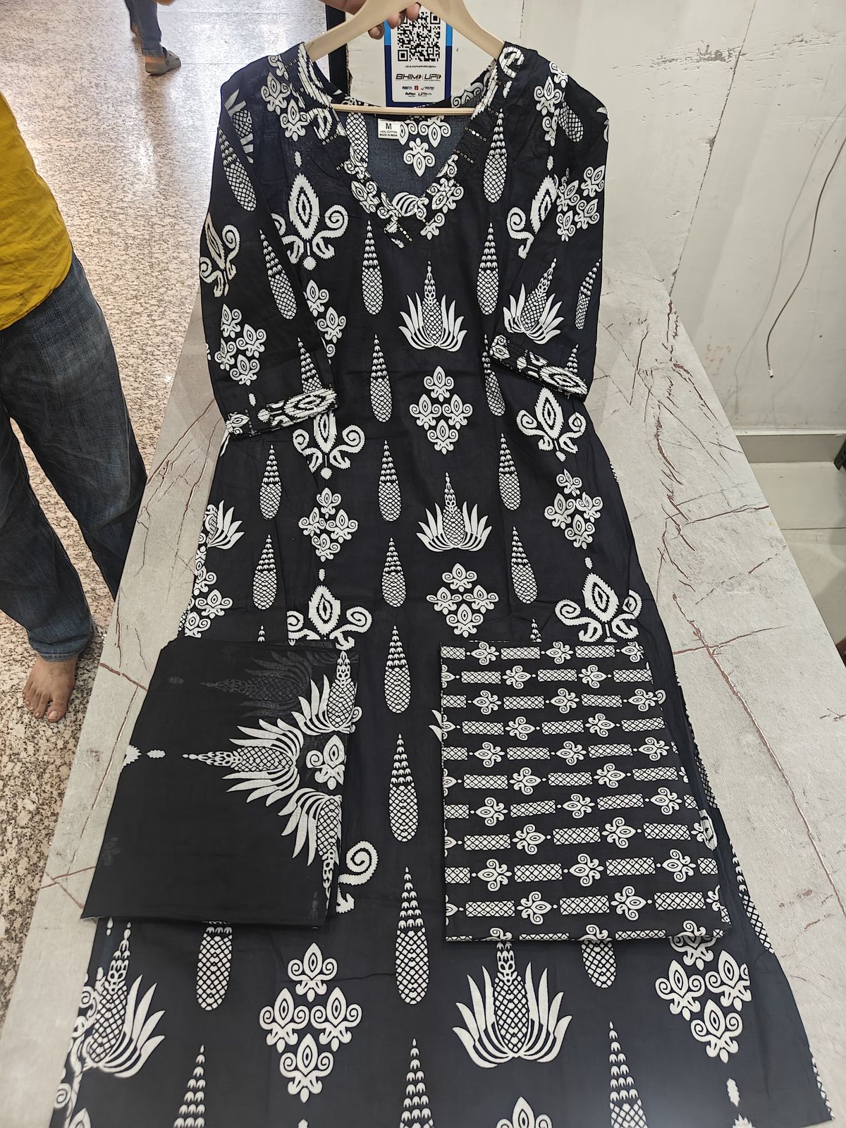 Black Cotton Suit Set with White Handblock Print For Women