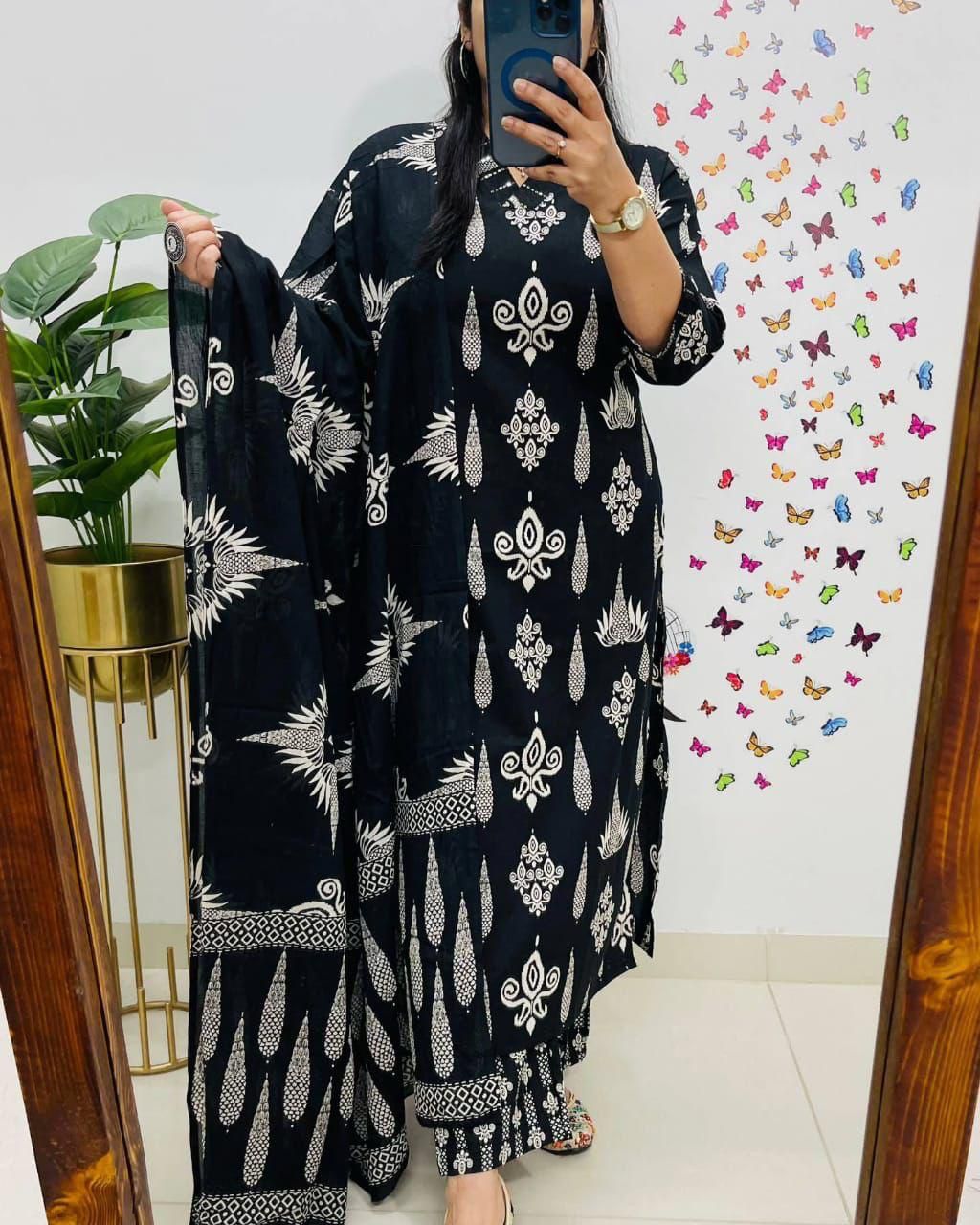 Black Cotton Suit Set with White Handblock Print For Women