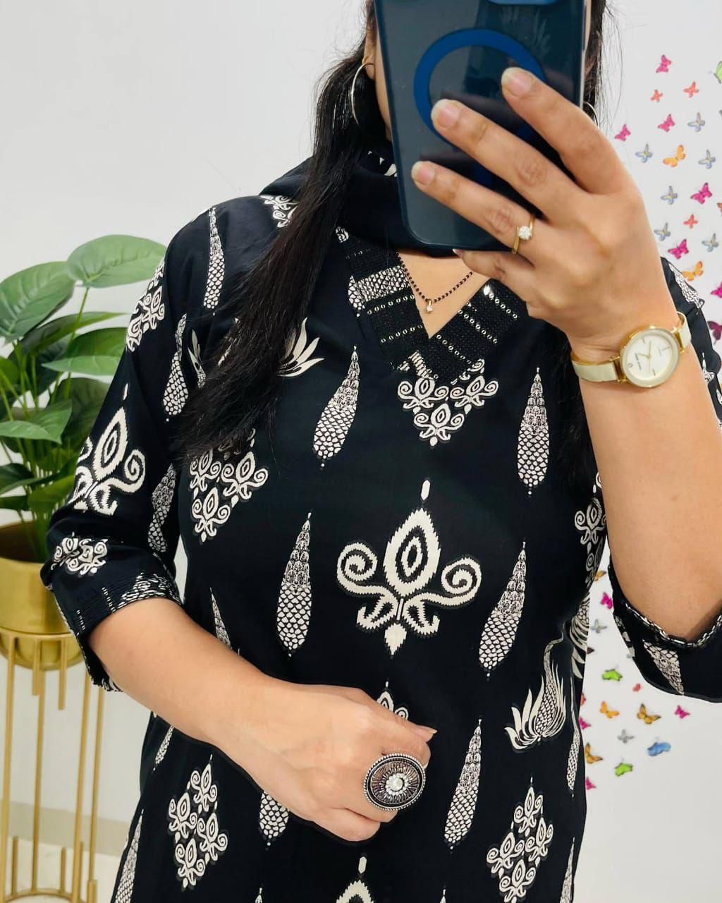 Black Cotton Suit Set with White Handblock Print For Women