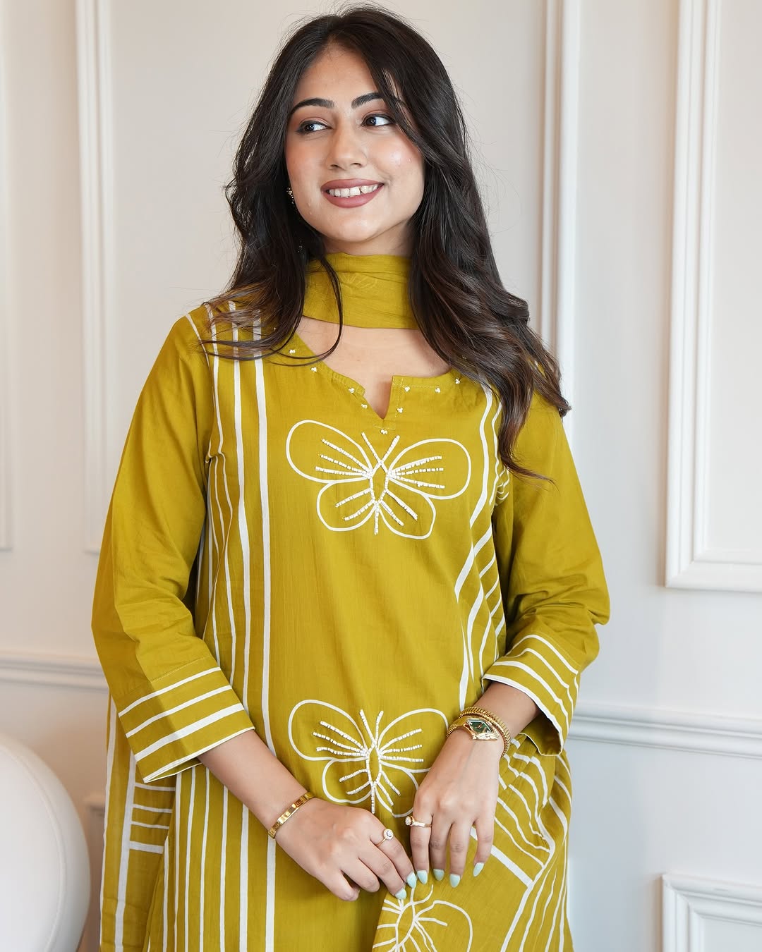 Yellow Cotton Suit Set with White Butterfly Embroidery