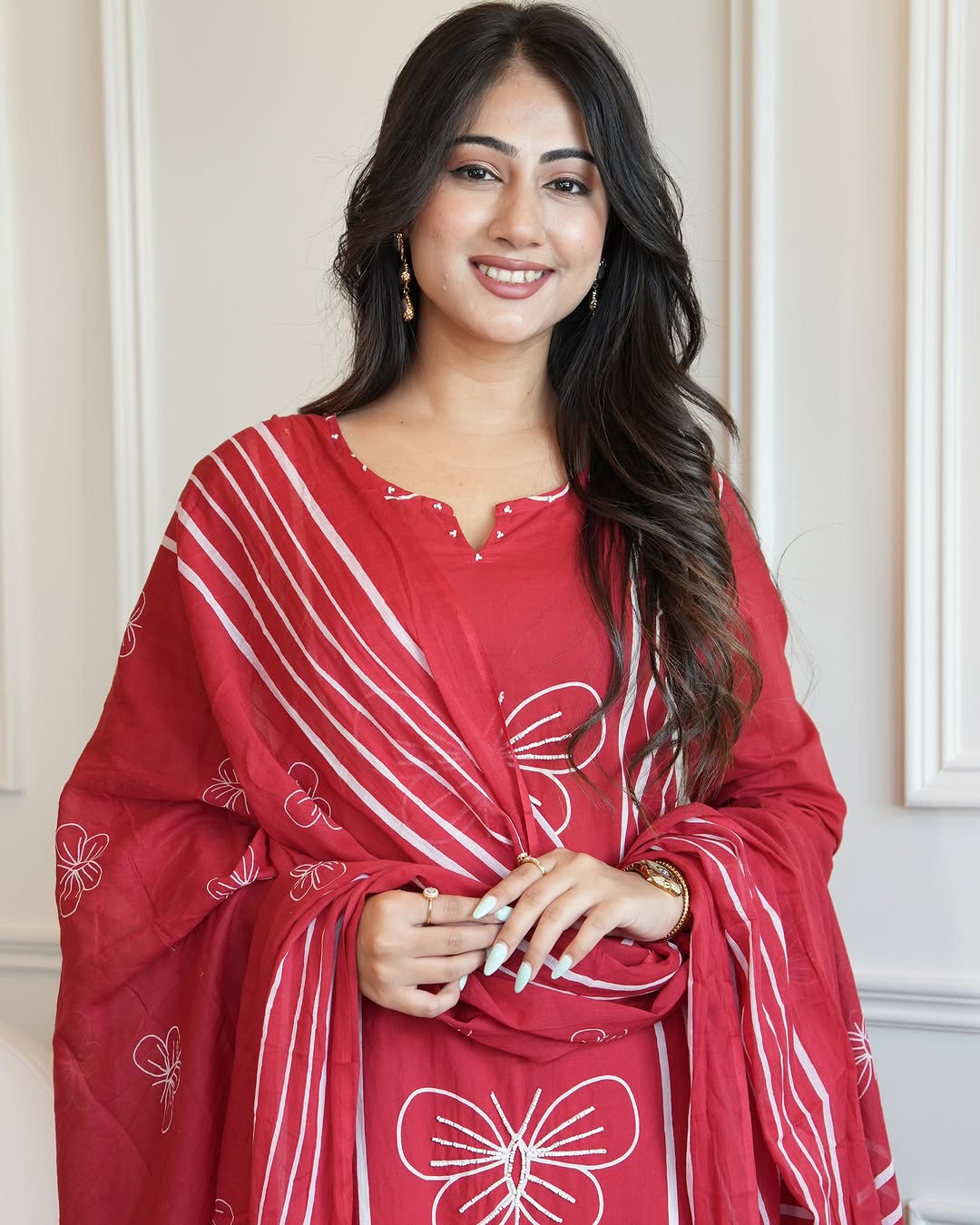 Red Cotton Suit Set with White Butterfly Embroidery